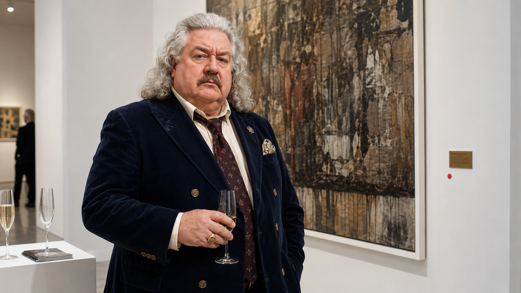 Heath Cockburn, curator and founder of Cockburn's Fine Art Emporium, holding a glass of champagne in the gallery.